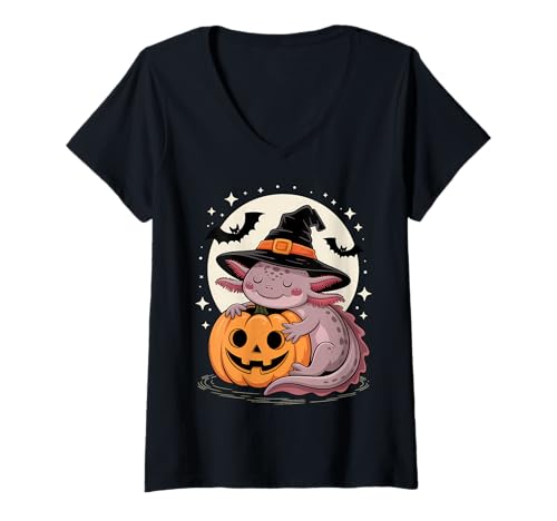 Damen Halloween Axolotl Hexenhut Kürbis Gruselig T-Shirt mit V-Ausschnitt Damen Halloween Axolotl Hexenhut Kürbis Gruselig T-Shirt mit V-Ausschnitt von Halloween Axolotl Pumpkins Costumes