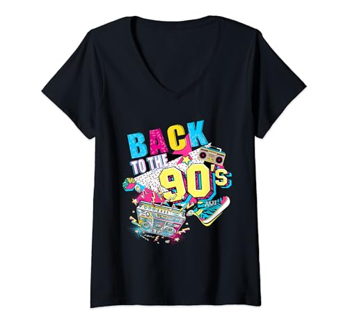 Damen Back to the 90's Retro Costume Party Kassette Tape Halloween T-Shirt mit V-Ausschnitt Damen Back to the 90's Retro Costume Party Kassette Tape Halloween T-Shirt mit V-Ausschnitt von Halloween Back to the 90s Outfits for Womens Mens