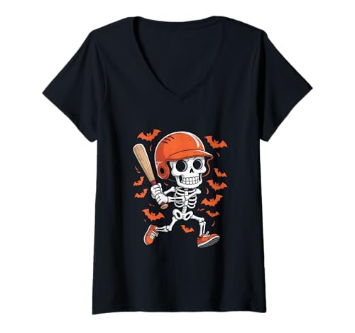 Damen Skelett Baseballspieler Halloween Fledermäuse T-Shirt mit V-Ausschnitt Damen Skelett Baseballspieler Halloween Fledermäuse T-Shirt mit V-Ausschnitt von Halloween Baseball Skeleton Costume