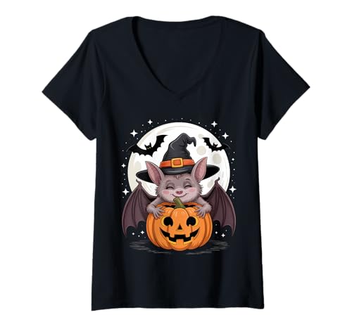 Damen Halloween Fledermaus Hexenhut Kürbis Gruselig T-Shirt mit V-Ausschnitt von Halloween Bat Pumpkins Bats Costumes Tee