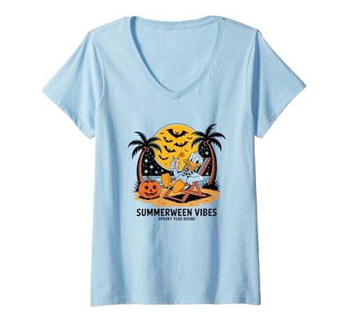 Damen Chillin' for Halloween Vibes Pinguin Fun T-Shirt mit V-Ausschnitt Damen Chillin' for Halloween Vibes Pinguin Fun T-Shirt mit V-Ausschnitt von Halloween Beach Vibes Penguin