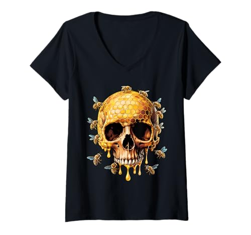 Damen Bienenschädel Halloween Design für Imker und Honigliebhaber T-Shirt mit V-Ausschnitt Damen Bienenschädel Halloween Design für Imker und Honigliebhaber T-Shirt mit V-Ausschnitt von Halloween Beekeeping and Honey Bees Gifts