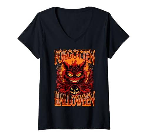 Damen Gruselige Katze mit Kürbis vergessene Halloween Design Kinder T-Shirt mit V-Ausschnitt von Halloween Big Graphic Casual Outfits.