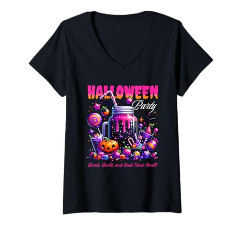 Damen Mädchen Halloween Party Retro Design Kinder T-Shirt mit V-Ausschnitt von Halloween Big Graphic Casual Outfits.