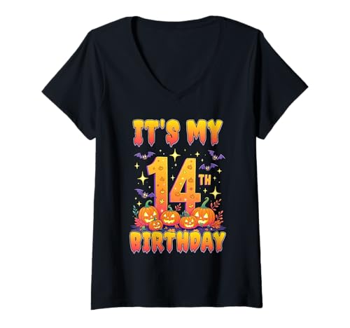 Damen It's My 14th Birthday Party 14 Year Old Halloween Pumpkin T-Shirt mit V-Ausschnitt von Halloween Birthday Pumpkin Family Outfit