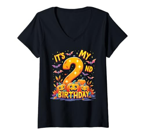 Damen It's My 2nd Birthday Party 2 Year Old Kids Halloween Pumpkin T-Shirt mit V-Ausschnitt von Halloween Birthday Pumpkin Family Outfit