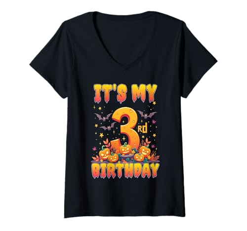 Damen It's My 3rd Birthday Party 3 Year Old Kids Halloween Pumpkin T-Shirt mit V-Ausschnitt von Halloween Birthday Pumpkin Family Outfit