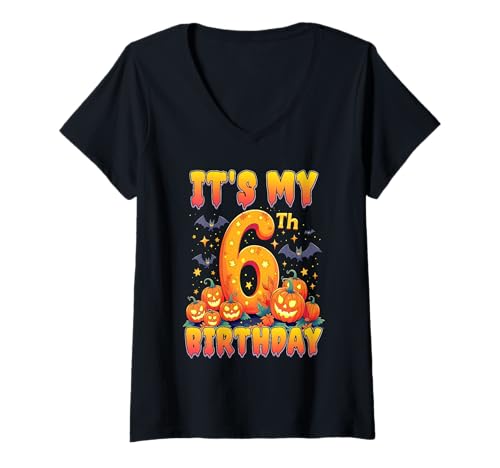 Damen It's My 6th Birthday Party 6 Year Old Kids Halloween Pumpkin T-Shirt mit V-Ausschnitt von Halloween Birthday Pumpkin Family Outfit