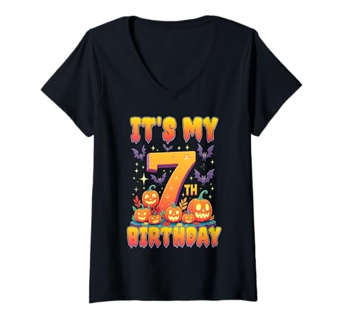Damen It's My 7th Birthday Party 7 Year Old Kids Halloween Pumpkin T-Shirt mit V-Ausschnitt von Halloween Birthday Pumpkin Family Outfit