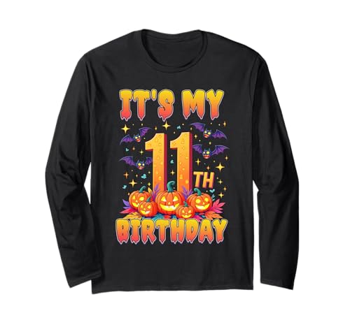 It's My 11th Birthday 11 Year Old Kids Halloween Pumpkin Langarmshirt von Halloween Birthday Pumpkin Family Outfit