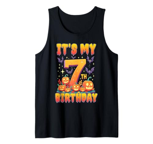 It's My 7th Birthday Party 7 Year Old Kids Halloween Pumpkin Tank Top von Halloween Birthday Pumpkin Family Outfit