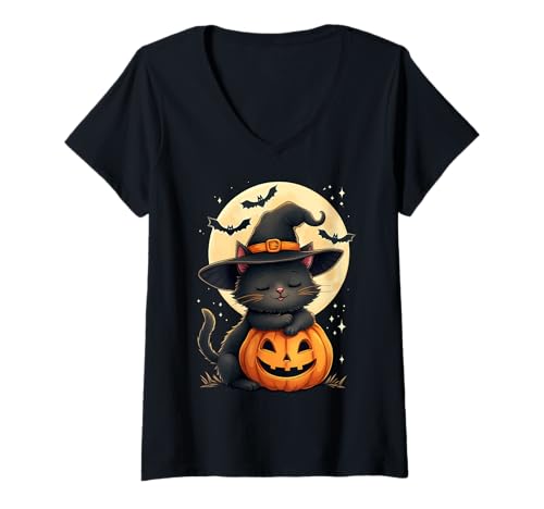 Damen Happy Halloween Schwarze Katze Hexenhut Kürbis Gruselig T-Shirt mit V-Ausschnitt Damen Happy Halloween Schwarze Katze Hexenhut Kürbis Gruselig T-Shirt mit V-Ausschnitt von Halloween Black Cat Bats Pumpkins Costume Tees