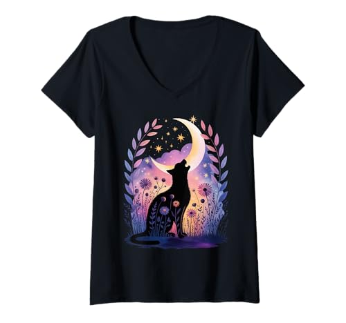 Damen Himmlischer schwarzer Katzengarten — Witchcore Aesthetic Halloween T-Shirt mit V-Ausschnitt Damen Himmlischer schwarzer Katzengarten — Witchcore Aesthetic Halloween T-Shirt mit V-Ausschnitt von Halloween Black Cat Costume Mystical Cat Lover