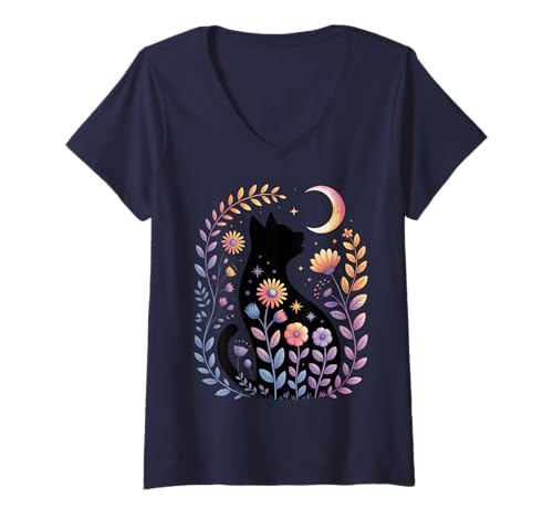 Damen Mitternachtskatze und Halbmond – verzauberte Mondgarten-Szene T-Shirt mit V-Ausschnitt von Halloween Black Cat Costume Mystical Cat Lover