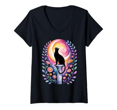 Damen Moonlit Familiar - Mystische Halloween-Katze mit Wildblumen T-Shirt mit V-Ausschnitt Damen Moonlit Familiar - Mystische Halloween-Katze mit Wildblumen T-Shirt mit V-Ausschnitt von Halloween Black Cat Costume Mystical Cat Lover