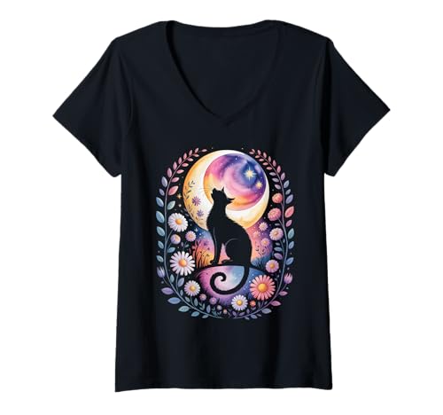 Damen Mystic Moon Katze mit Sternen - Hexe Halloween Himmlische Kunst T-Shirt mit V-Ausschnitt Damen Mystic Moon Katze mit Sternen - Hexe Halloween Himmlische Kunst T-Shirt mit V-Ausschnitt von Halloween Black Cat Costume Mystical Cat Lover