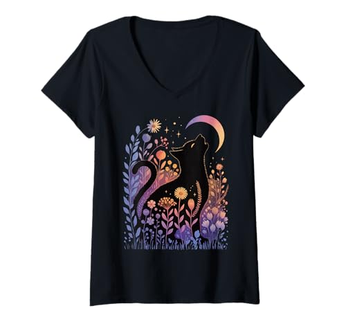 Damen Okkulter Mond Katze Silhouette - Sterne Gänseblümchen Herbstzauber T-Shirt mit V-Ausschnitt von Halloween Black Cat Costume Mystical Cat Lover