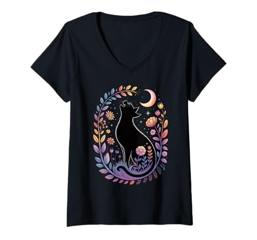 Damen Starry Moon Cat - Witchcraft Aesthetic - Cozy Fall Vibes T-Shirt mit V-Ausschnitt Damen Starry Moon Cat - Witchcraft Aesthetic - Cozy Fall Vibes T-Shirt mit V-Ausschnitt von Halloween Black Cat Costume Mystical Cat Lover