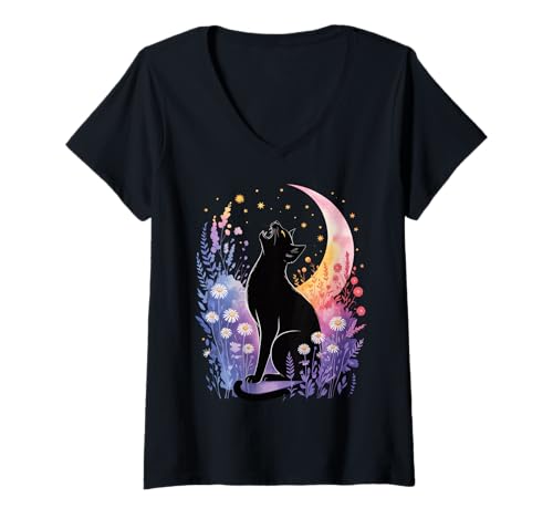 Damen Witchy Crescent Moon Cat - Cottagecore Gruseliger Nachthimmel T-Shirt mit V-Ausschnitt von Halloween Black Cat Costume Mystical Cat Lover