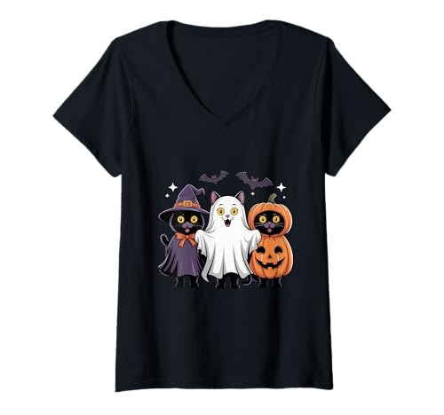 Damen Schwarze Katzen Geist Hexe Halloween Kostüm Herren Damen Kinder T-Shirt mit V-Ausschnitt von Halloween Black Cat In Ghost