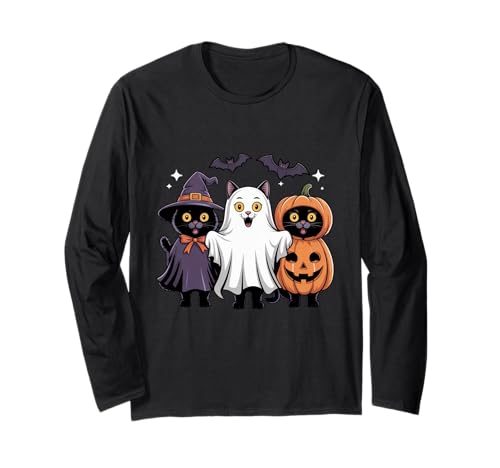 Schwarze Katzen Geist Hexe Halloween Kostüm Herren Damen Kinder Langarmshirt von Halloween Black Cat In Ghost