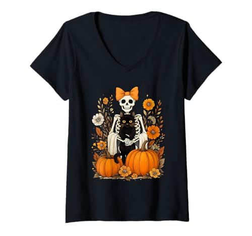 Damen Halloween Skelett mit schwarzer Katze Schleife Herbst Kürbisse T-Shirt mit V-Ausschnitt Damen Halloween Skelett mit schwarzer Katze Schleife Herbst Kürbisse T-Shirt mit V-Ausschnitt von Halloween Black Cat Skeleton Pumpkin Floral