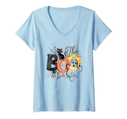 Damen The Boo Crew Halloween-Katzendesign T-Shirt mit V-Ausschnitt Damen The Boo Crew Halloween-Katzendesign T-Shirt mit V-Ausschnitt von Halloween Black Cat Web Spooky Night