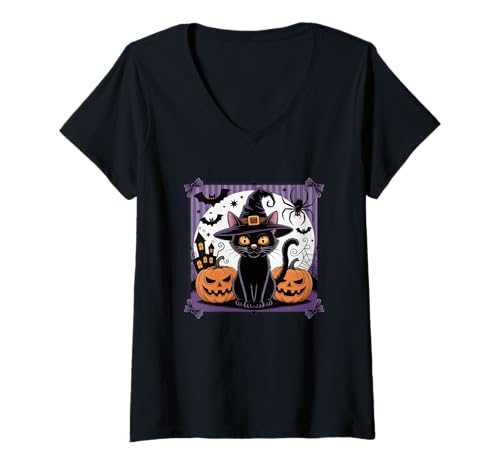 Damen Schwarze Katze Hexenhut Halloween T-Shirt mit V-Ausschnitt Damen Schwarze Katze Hexenhut Halloween T-Shirt mit V-Ausschnitt von Halloween Black Cat Witch Pumpkin Spooky Night