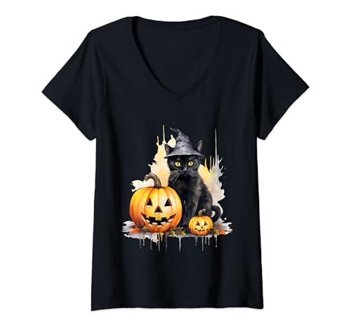Damen Lustige Halloween Hexe Katze Kürbis Katze Schwarze Katze Halloween T-Shirt mit V-Ausschnitt Damen Lustige Halloween Hexe Katze Kürbis Katze Schwarze Katze Halloween T-Shirt mit V-Ausschnitt von Halloween Black Cat