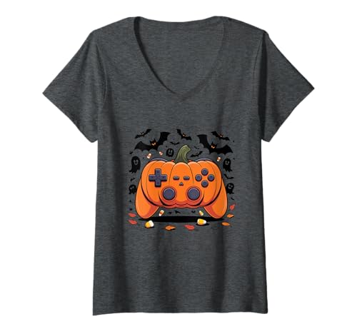 Damen Halloween Gaming Pumpkin Controller Gruselige Videospiele T-Shirt mit V-Ausschnitt Damen Halloween Gaming Pumpkin Controller Gruselige Videospiele T-Shirt mit V-Ausschnitt von Halloween Bloc