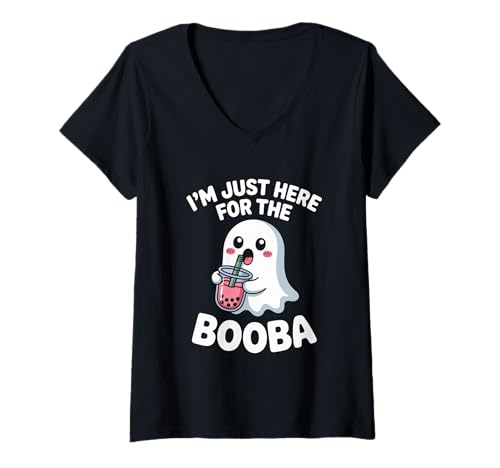 Damen Ich Bin nur wegen dem Bubble Milk Tea Boo Halloween Boba Tea Hier T-Shirt mit V-Ausschnitt Damen Ich Bin nur wegen dem Bubble Milk Tea Boo Halloween Boba Tea Hier T-Shirt mit V-Ausschnitt von Halloween Boba Tea Spooky Boba Aesthetic