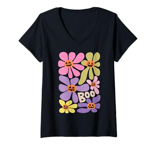Damen Halloween Boho Flower Boo Smiling Pumpkins Theme T-Shirt mit V-Ausschnitt Damen Halloween Boho Flower Boo Smiling Pumpkins Theme T-Shirt mit V-Ausschnitt von Halloween Boho Floral Smiling Pumpkins Design