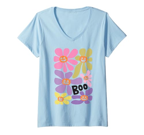 Damen Halloween Boho Flower Boo Smiling Pumpkins Theme T-Shirt mit V-Ausschnitt Damen Halloween Boho Flower Boo Smiling Pumpkins Theme T-Shirt mit V-Ausschnitt von Halloween Boho Floral Smiling Pumpkins Design