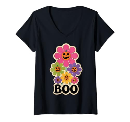 Damen Halloween Boho Flower Boo Smiling Pumpkins Theme T-Shirt mit V-Ausschnitt Damen Halloween Boho Flower Boo Smiling Pumpkins Theme T-Shirt mit V-Ausschnitt von Halloween Boho Floral Smiling Pumpkins Design