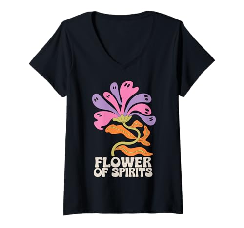 Damen Halloween Boho Flower of Spirits Ghostly Blooms T-Shirt mit V-Ausschnitt Damen Halloween Boho Flower of Spirits Ghostly Blooms T-Shirt mit V-Ausschnitt von Halloween Boho Flower of Spirits Artwork