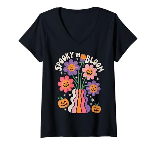 Damen Spooky In Bloom Halloween Boho Vibes T-Shirt mit V-Ausschnitt Damen Spooky In Bloom Halloween Boho Vibes T-Shirt mit V-Ausschnitt von Halloween Boho Spooky Flowers Blooming