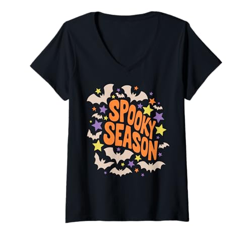 Damen Spooky Season Halloween Boho Bats Stars T-Shirt mit V-Ausschnitt von Halloween Boho Spooky Season Vibes And Fun