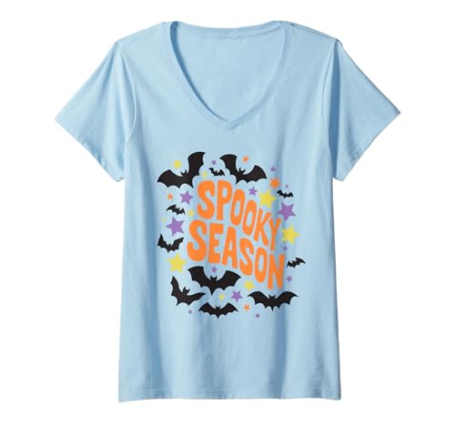 Damen Spooky Season Halloween Boho Bats Stars T-Shirt mit V-Ausschnitt Damen Spooky Season Halloween Boho Bats Stars T-Shirt mit V-Ausschnitt von Halloween Boho Spooky Season Vibes And Fun