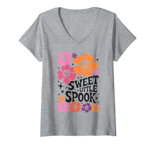 Damen Sweet Little Spook Halloween Boho Vibes T-Shirt mit V-Ausschnitt Damen Sweet Little Spook Halloween Boho Vibes T-Shirt mit V-Ausschnitt von Halloween Boho Sweet Little Flowers Spooky Skulls