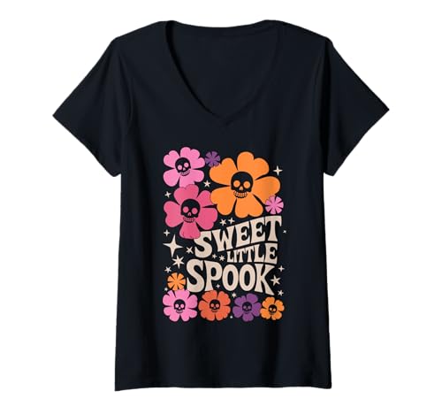 Damen Sweet Little Spook Halloween Boho Vibes T-Shirt mit V-Ausschnitt Damen Sweet Little Spook Halloween Boho Vibes T-Shirt mit V-Ausschnitt von Halloween Boho Sweet Little Flowers Spooky Skulls