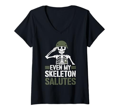Damen Skelett Veterans Even My Skeleton Salutes Halloween Veteran T-Shirt mit V-Ausschnitt Damen Skelett Veterans Even My Skeleton Salutes Halloween Veteran T-Shirt mit V-Ausschnitt von Halloween Bone Soldier Brave Veterans Skeleton