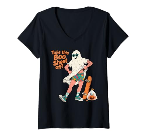 Damen Nehmen Sie Dieses Boo -Blatt von Funny Skater Ghost T-Shirt mit V-Ausschnitt Damen Nehmen Sie Dieses Boo -Blatt von Funny Skater Ghost T-Shirt mit V-Ausschnitt von Halloween Boo Crew Skateter Co.
