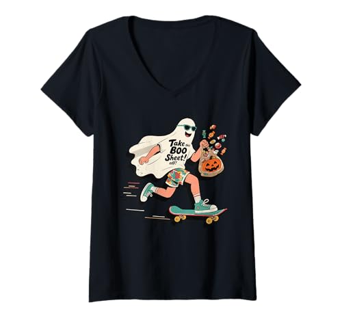 Damen Nehmen Sie Dieses Boo -Blatt von Funny Skater Ghost T-Shirt mit V-Ausschnitt Damen Nehmen Sie Dieses Boo -Blatt von Funny Skater Ghost T-Shirt mit V-Ausschnitt von Halloween Boo Crew Skateter Co.