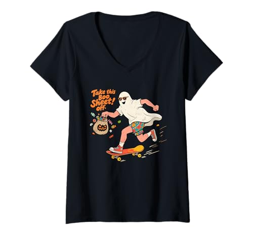 Damen Nehmen Sie Dieses Boo -Blatt von Funny Skater Ghost T-Shirt mit V-Ausschnitt Damen Nehmen Sie Dieses Boo -Blatt von Funny Skater Ghost T-Shirt mit V-Ausschnitt von Halloween Boo Crew Skateter Co.