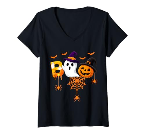 Damen Halloween Boo Geist Kürbis Spinne Hexe Fledermaus T-Shirt mit V-Ausschnitt von Halloween Boo Geist Kürbis Hexe Spinne Party