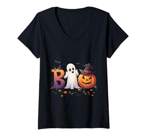 Damen Boo Geist Kürbis Halloween Motiv T-Shirt mit V-Ausschnitt Damen Boo Geist Kürbis Halloween Motiv T-Shirt mit V-Ausschnitt von Halloween Boo Geist Kürbis Party