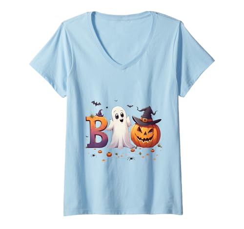 Damen Boo Geist Kürbis Halloween Motiv T-Shirt mit V-Ausschnitt Damen Boo Geist Kürbis Halloween Motiv T-Shirt mit V-Ausschnitt von Halloween Boo Geist Kürbis Party