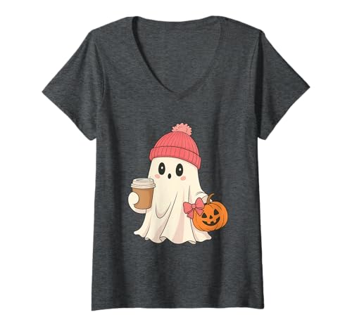 Damen Süßer Geist Kaffee Halloween - Kürbis Gewürz Latte Herbst Geist T-Shirt mit V-Ausschnitt von Halloween BooCrew Apparel.USA