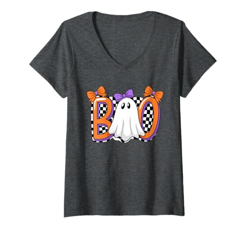 Damen Süßes Ghost Boo Halloween-Mädchen - Gruseliges Retro-Karomuster für Damen T-Shirt mit V-Ausschnitt von Halloween BooCrew Apparel.USA