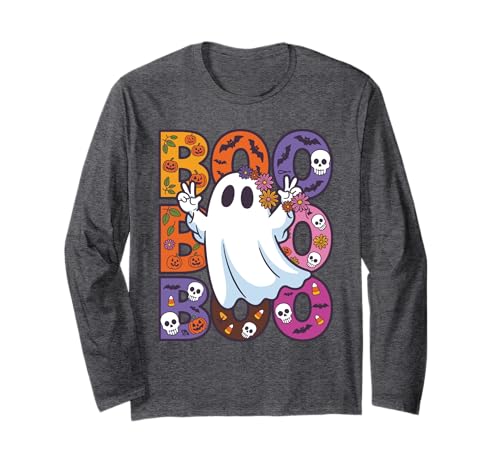 Niedliches grooviges Blumengeist Friedenszeichen Halloween Frauen Mädchen Langarmshirt von Halloween BooCrew Apparel.USA